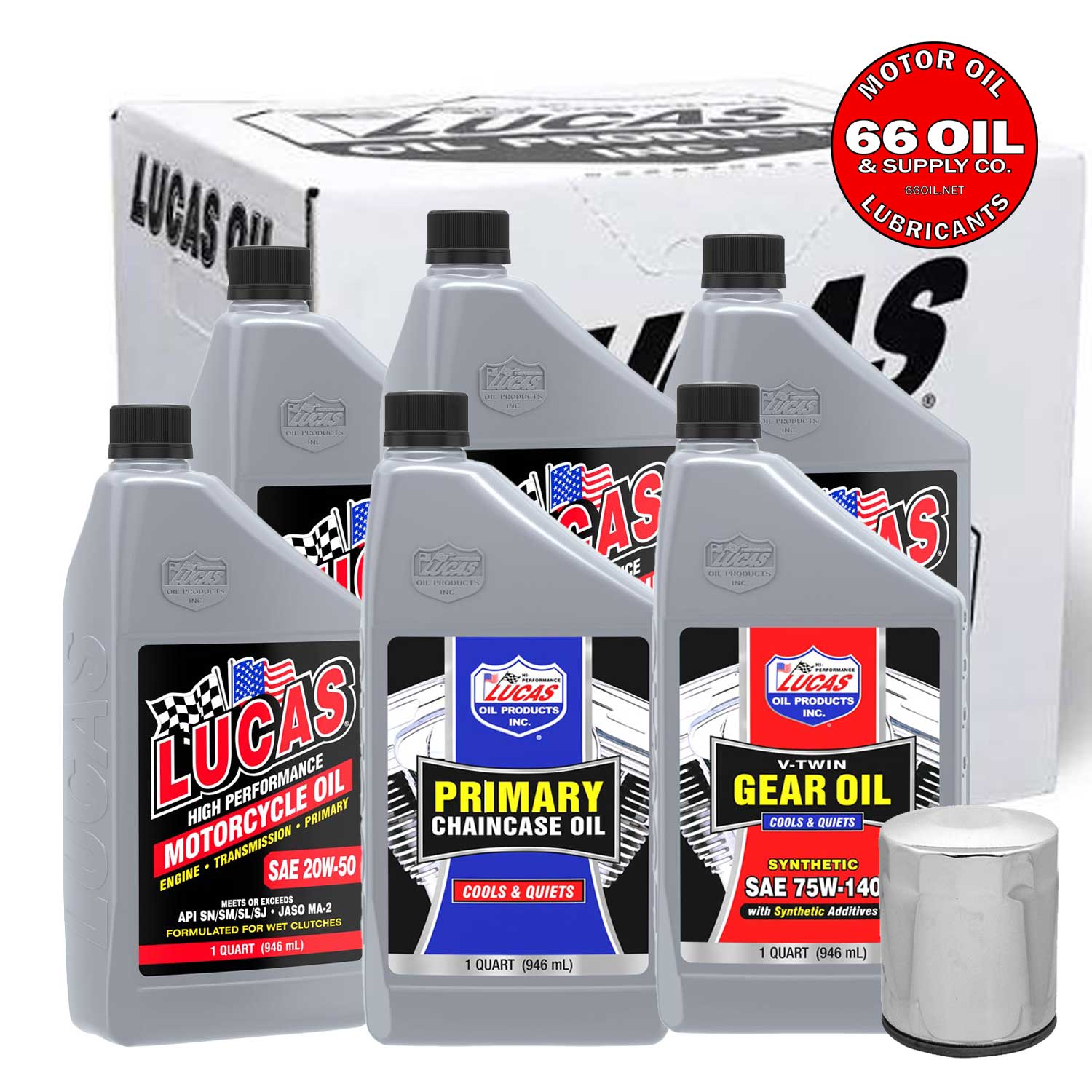 FREE SHIPPING - Lucas 20W-50 Conventional Oil Change Kit w/ Chrome Filter for Harley-Davidson