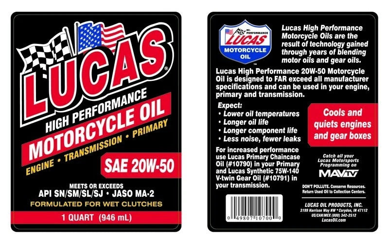 FREE SHIPPING - Lucas 20W-50 Conventional Oil Change Kit w/ Chrome Filter for Harley-Davidson